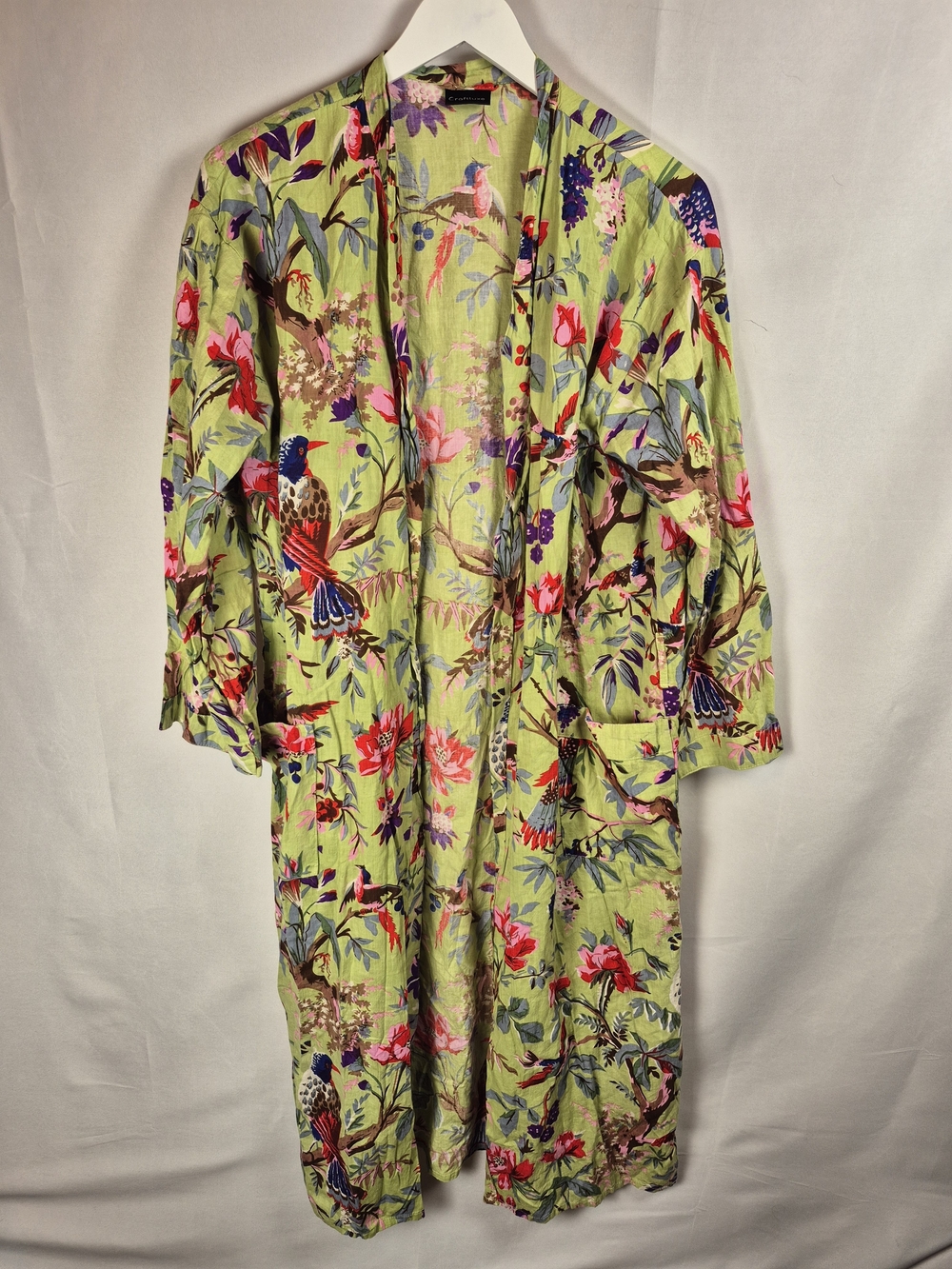 100% Cotton Floral & Bird Kimono Robe in Light Green Size L
